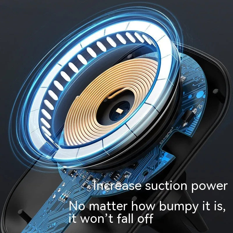 Black magnetic car wireless charger with air vent and dashboard mounting bases