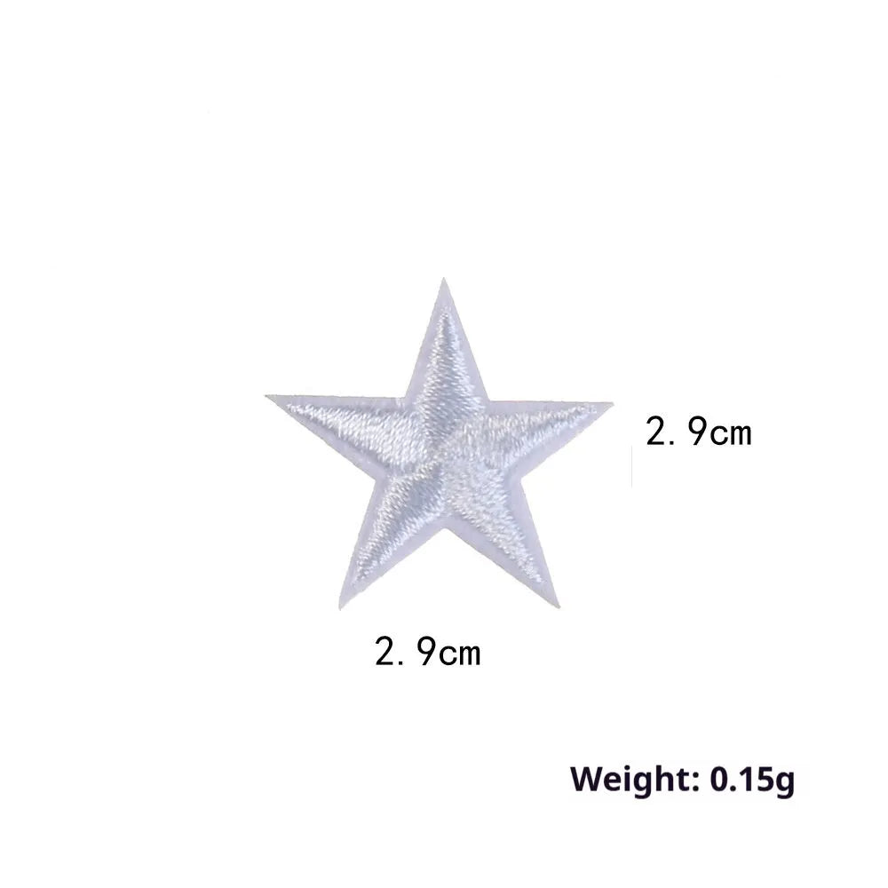 Colourful five-pointed star cloth embroidery stickers for DIY clothing decoration on a fabric background.