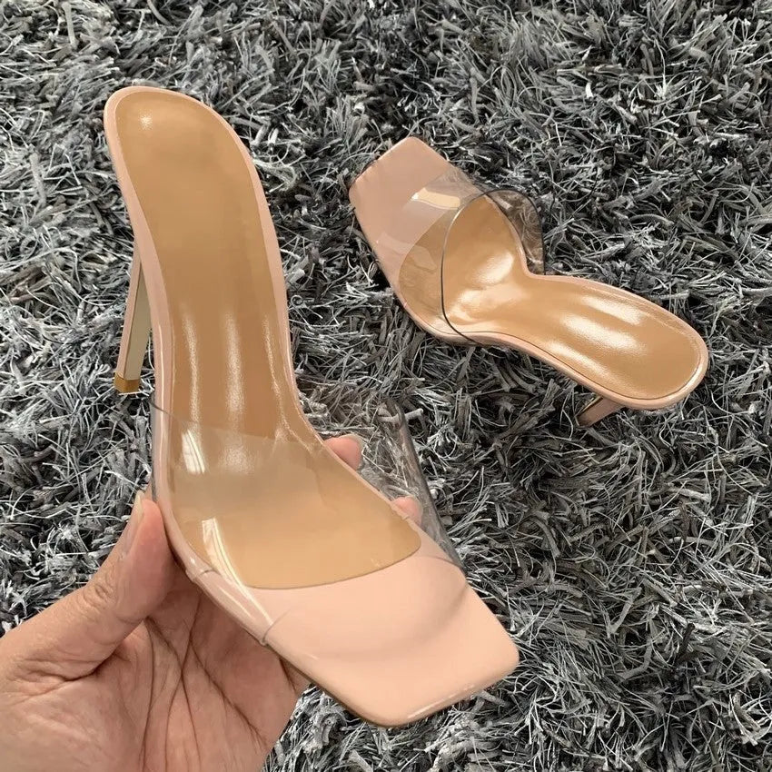 Women's black and silver platform high heels with PVC soles shown in sizes 34-43