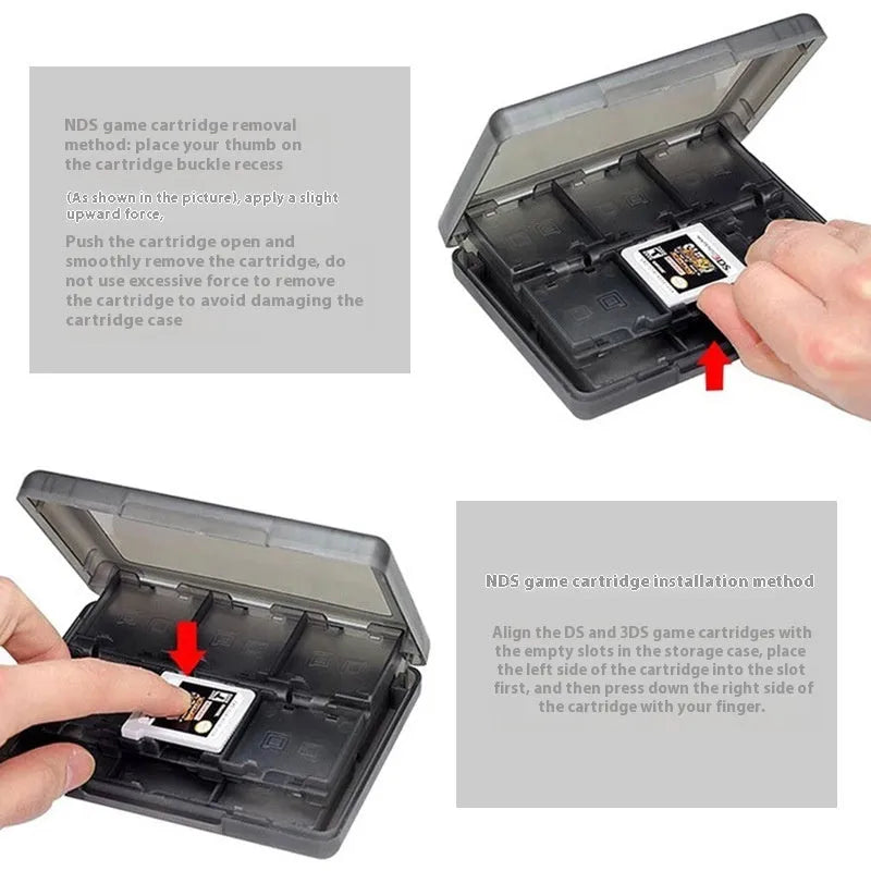 Black NDS 3DS 28-game card storage box made of PP plastic, showing its size and card slots.