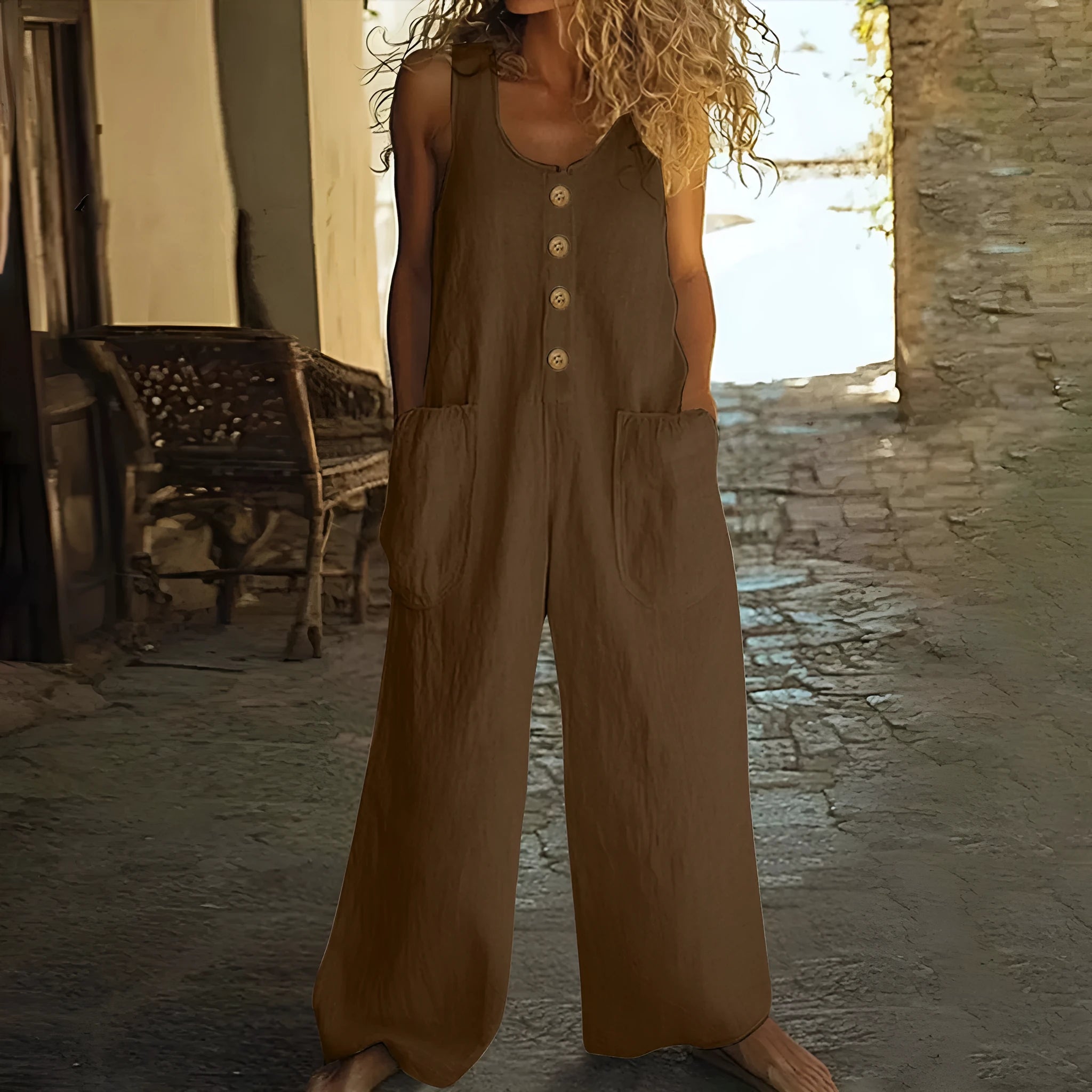 Sleeveless wide leg jumpsuit in cotton fabric shown in peacock green colour.