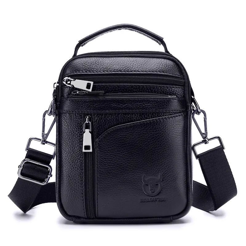 Black genuine leather men's shoulder messenger bag with retro style for business and travel