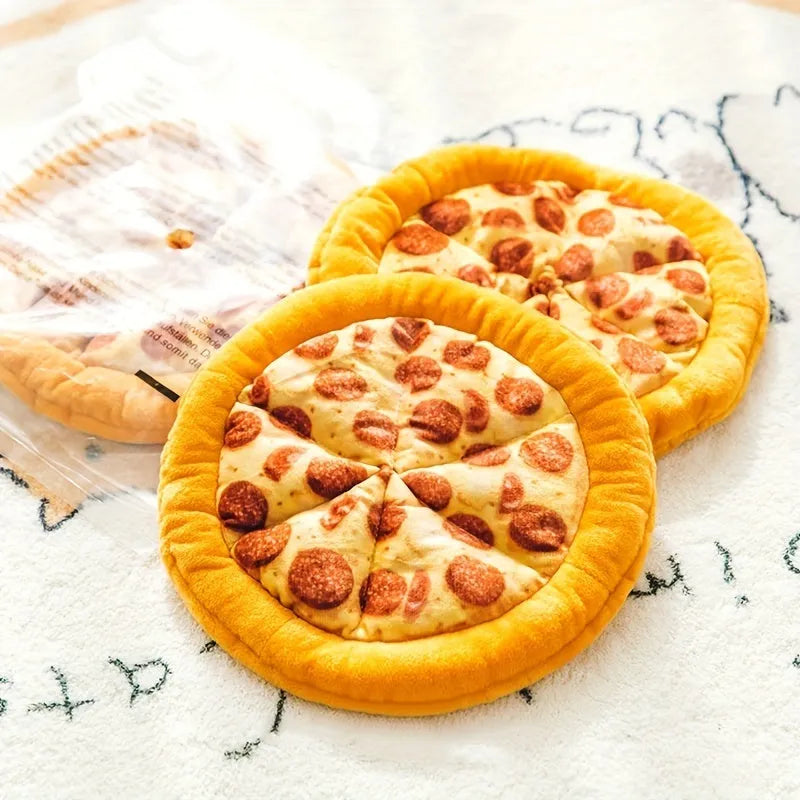 Yellow pizza-themed plush dog toy with squeaker for chewing and interactive play