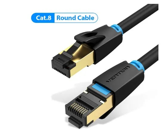 Shielded CAT8 Ethernet network patch cable with RJ45 connectors, shown in flat and round styles for 10G high-speed indoor use.
