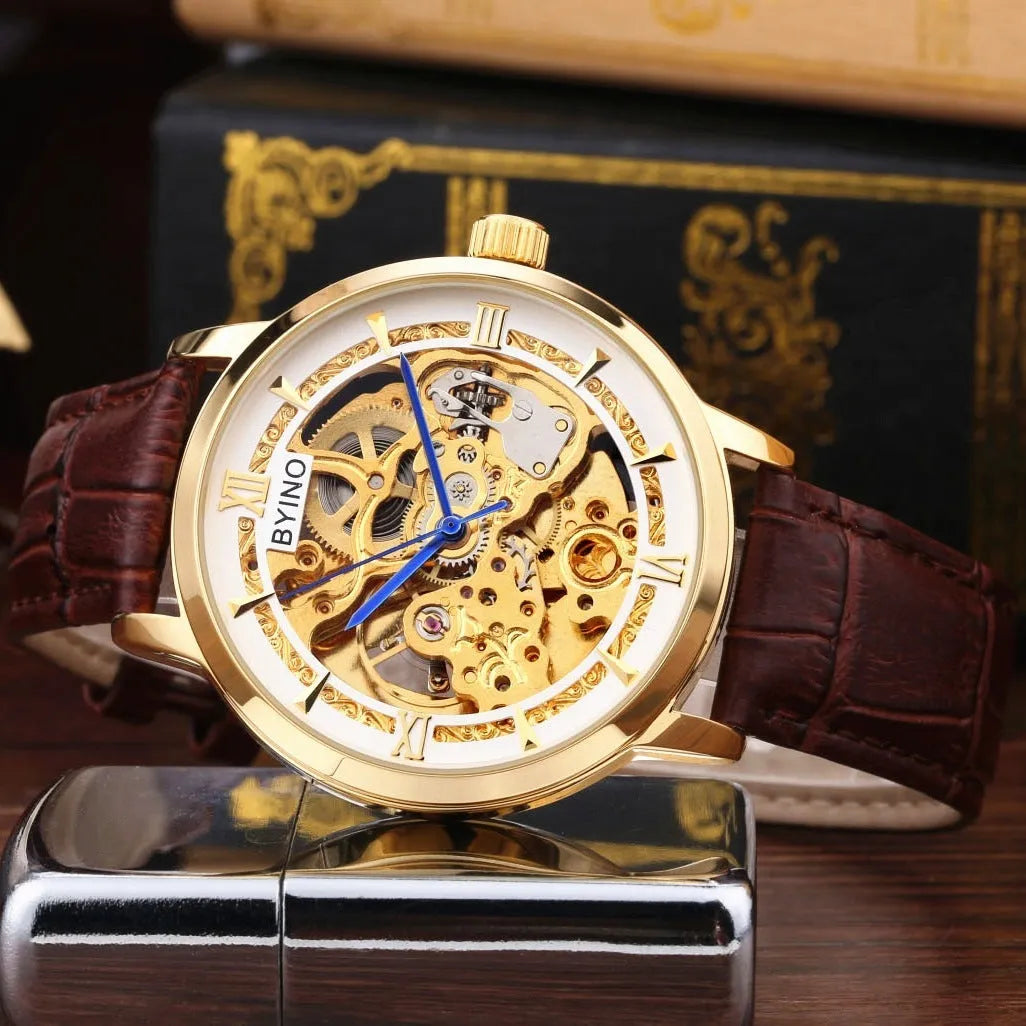 Men's automatic mechanical watch with leather strap, hollowed dial, waterproof casual design, three styles