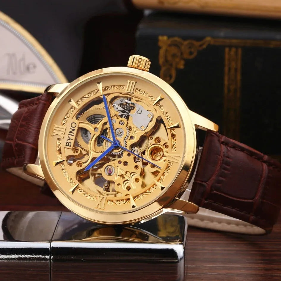 Men's automatic mechanical watch with leather strap, hollowed dial, waterproof casual design, three styles