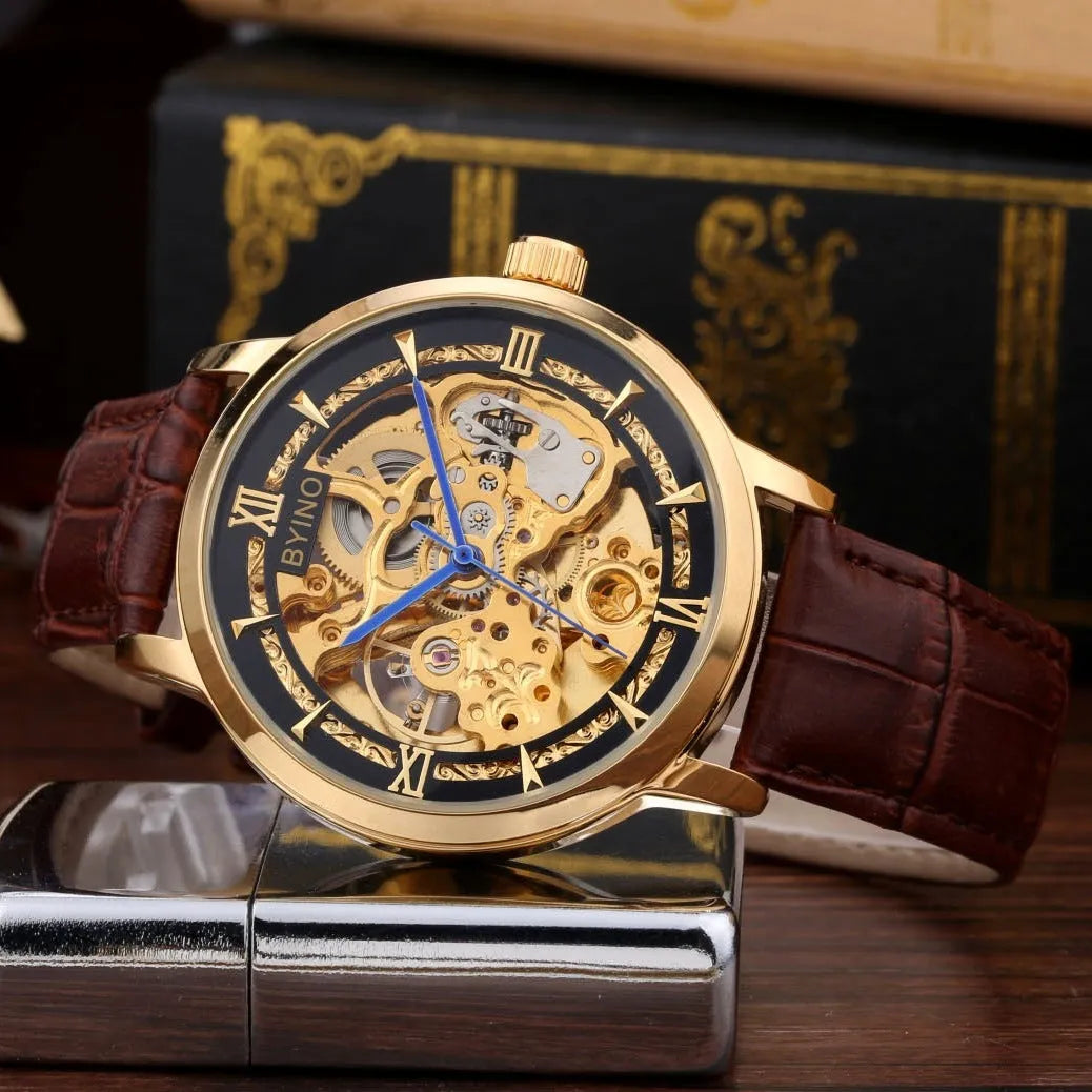 Men's automatic mechanical watch with leather strap, hollowed dial, waterproof casual design, three styles