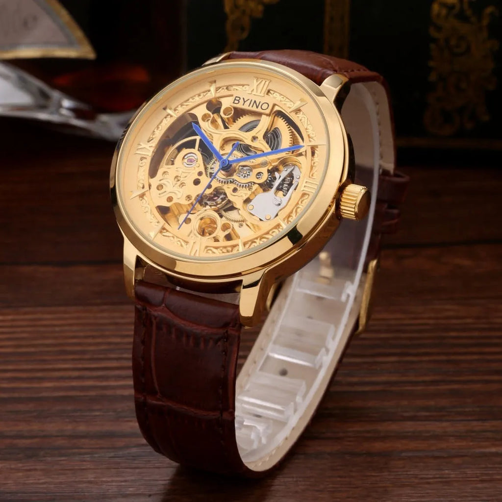 Men's automatic mechanical watch with leather strap, hollowed dial, waterproof casual design, three styles