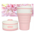 Collapsible silicone travel mug shown in expanded and folded states with colour options
