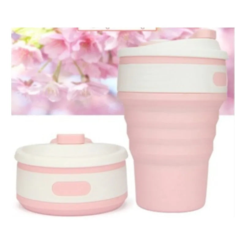 Collapsible silicone travel mug shown in expanded and folded states with colour options