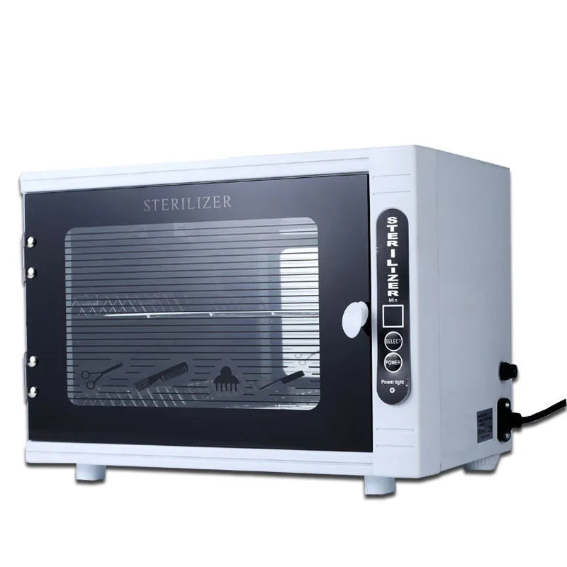 Silver ultraviolet steriliser machine with dimensions for salon tool disinfection
