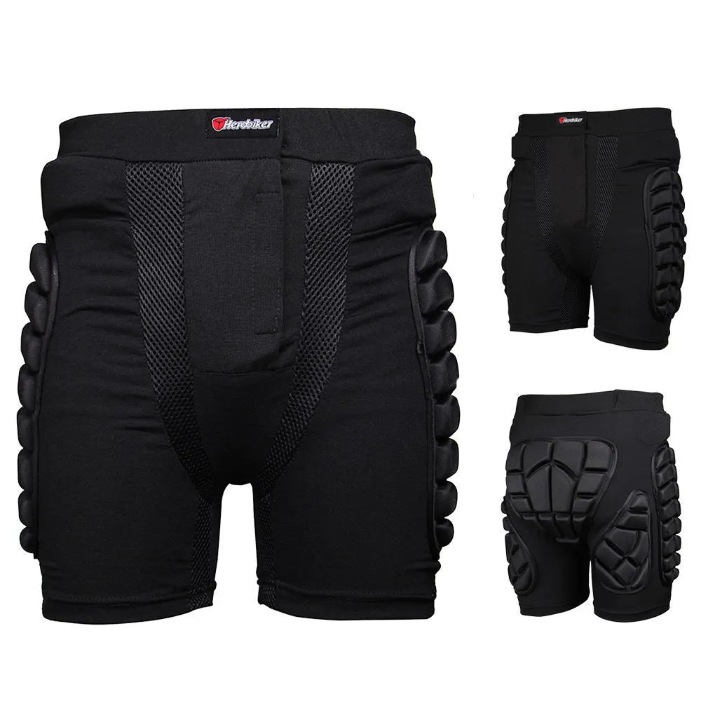 Skating protective diaper shorts with EVA foam padding, black, breathable fabric, elastic waistband