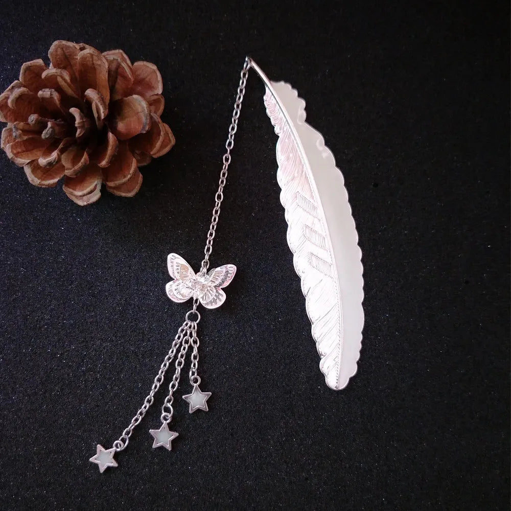 Luminous retro pure copper feather bookmark with glowing accents
