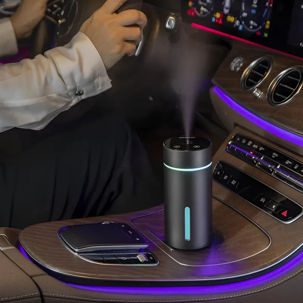 Black aluminium car humidifier diffuser with USB cable and 260ml water capacity