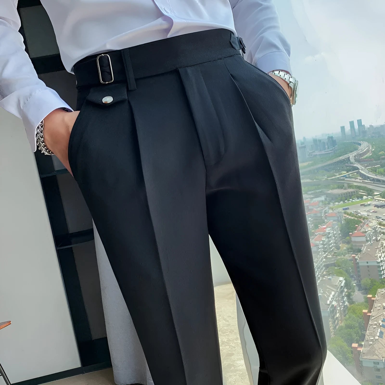 Men's straight leg polyester trousers in solid colours showing front and side views