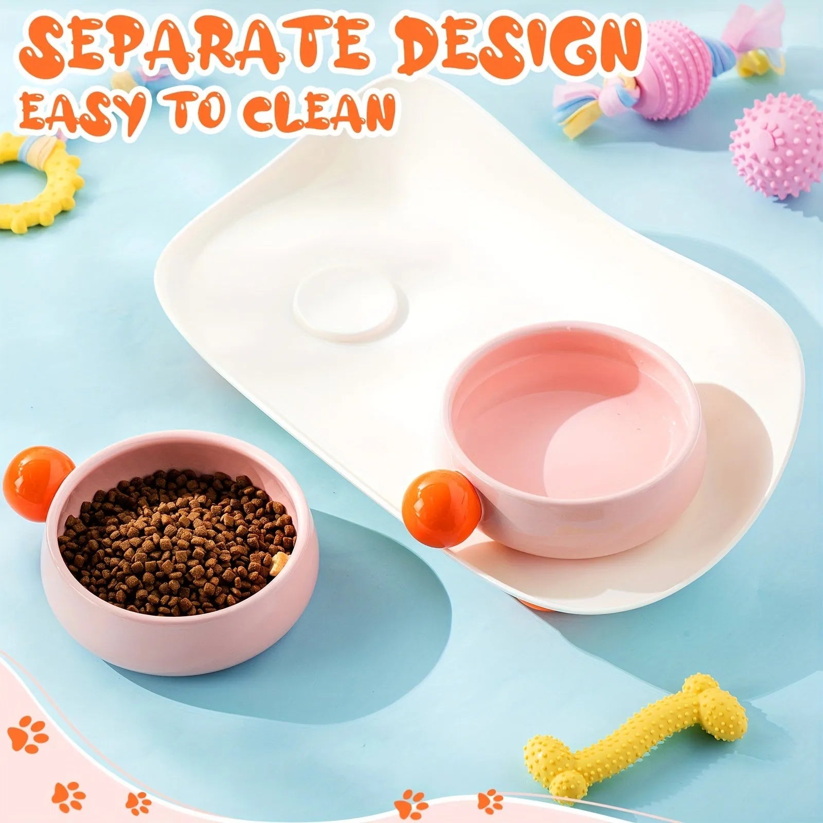 Ceramic raised double bowl set for pet food and water with a non-slip base in yellow.