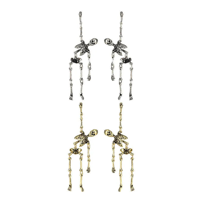 Exaggerated skull frame earrings in antique silver, zinc alloy electroplated finish, unisex design with hook fastening on white background