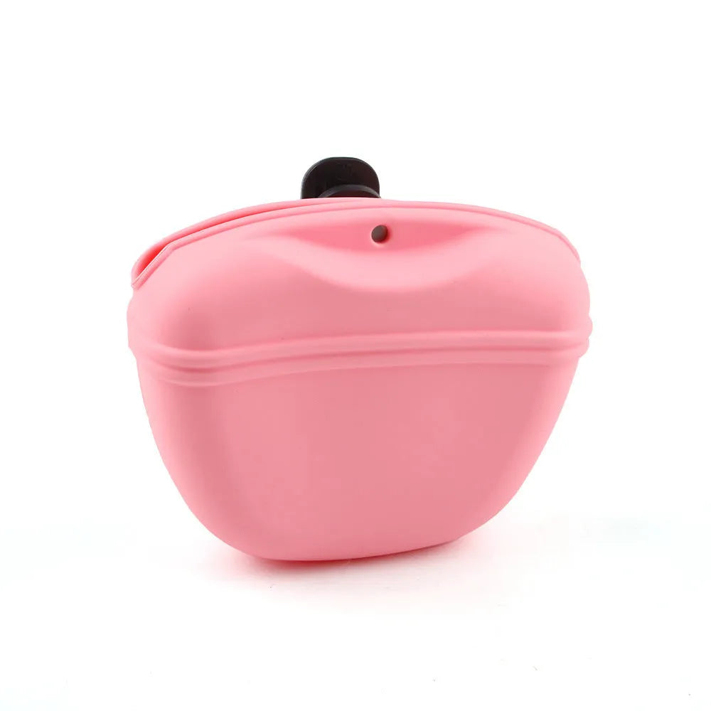 Silicone dog training treat waist bag with clip, shown in various colours.
