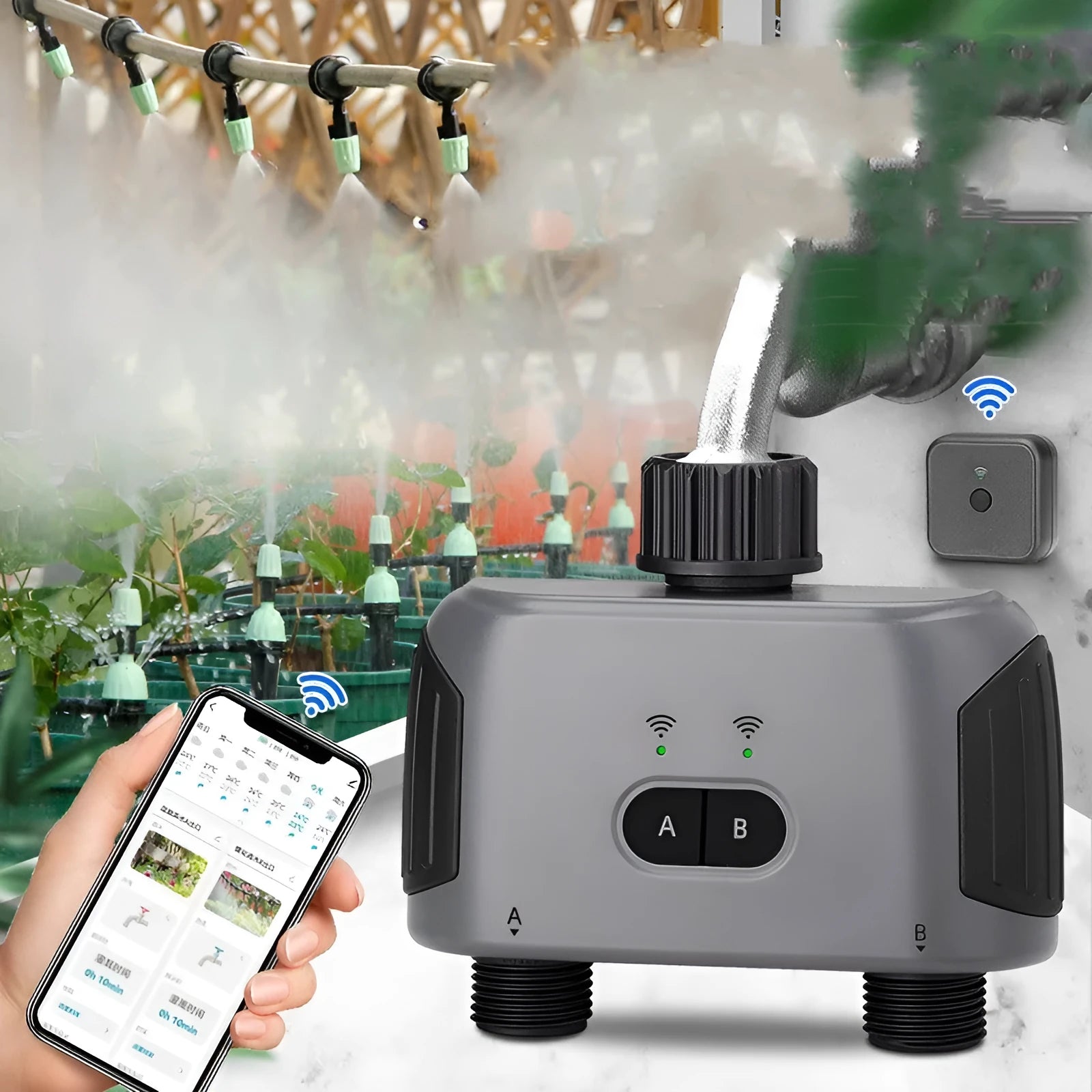 Bluetooth dual watering controller for mobile phone remote garden irrigation with 15 metre range