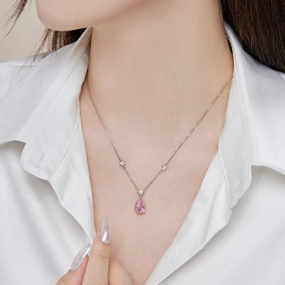 925 silver electroplated drop-shaped necklace in platinum white diamond finish on display