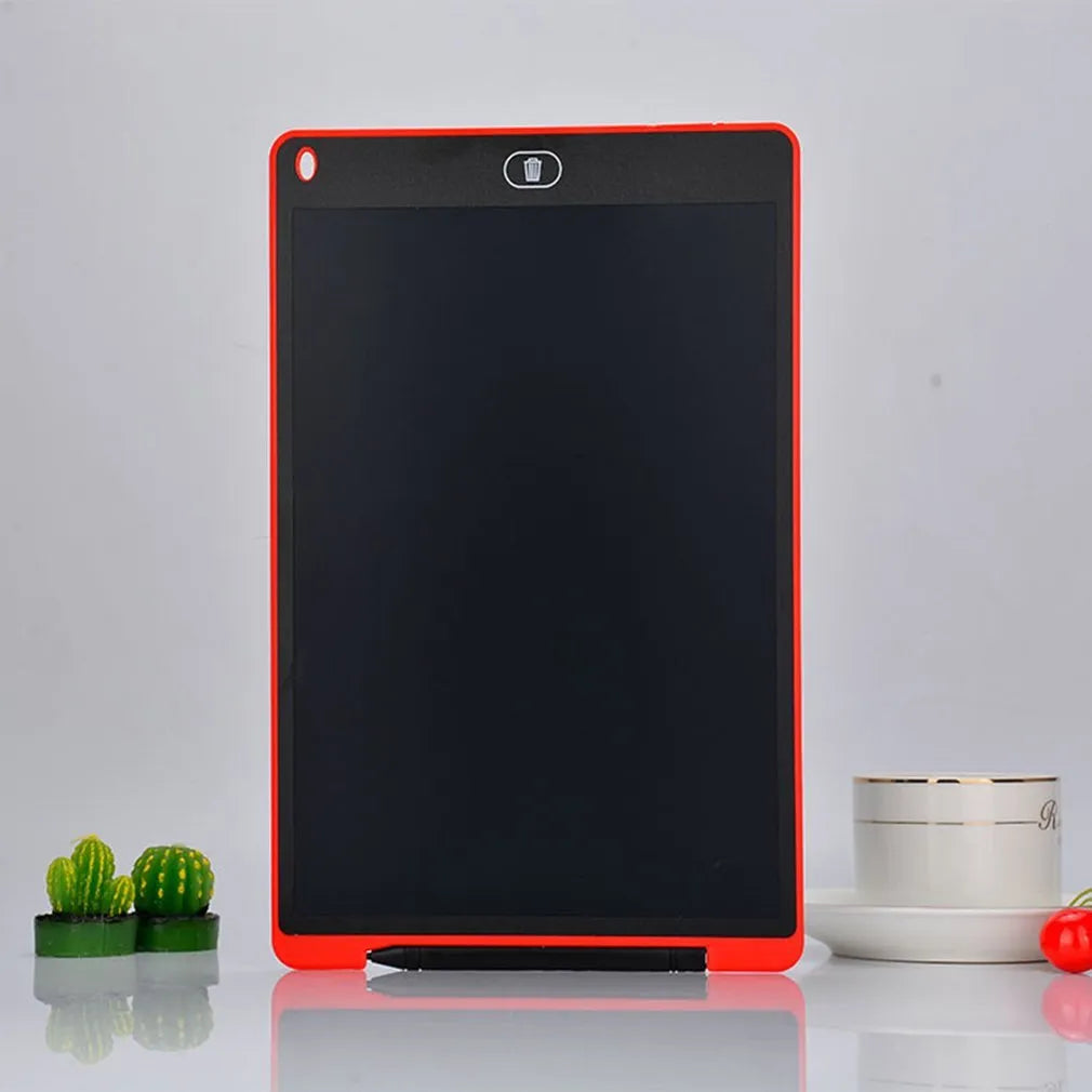 LCD electronic handwriting board for children in blue, showing attached stylus and clear screen.