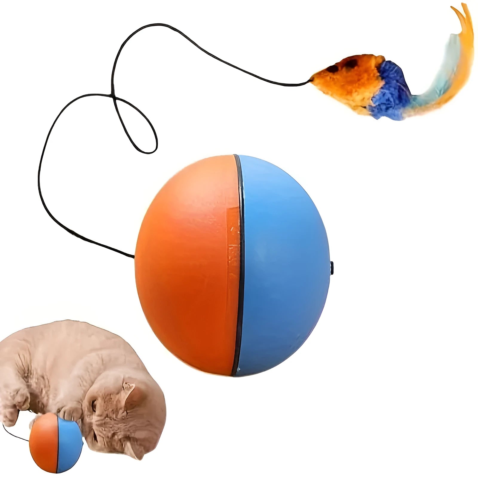 Interactive cat toy with blue and orange ball attached to plush mouse on neutral background