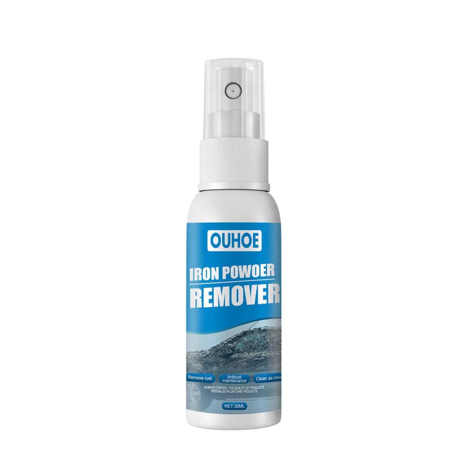 Automotive iron powder rust remover spray bottle with blue square sponge for vehicle metal surface treatment