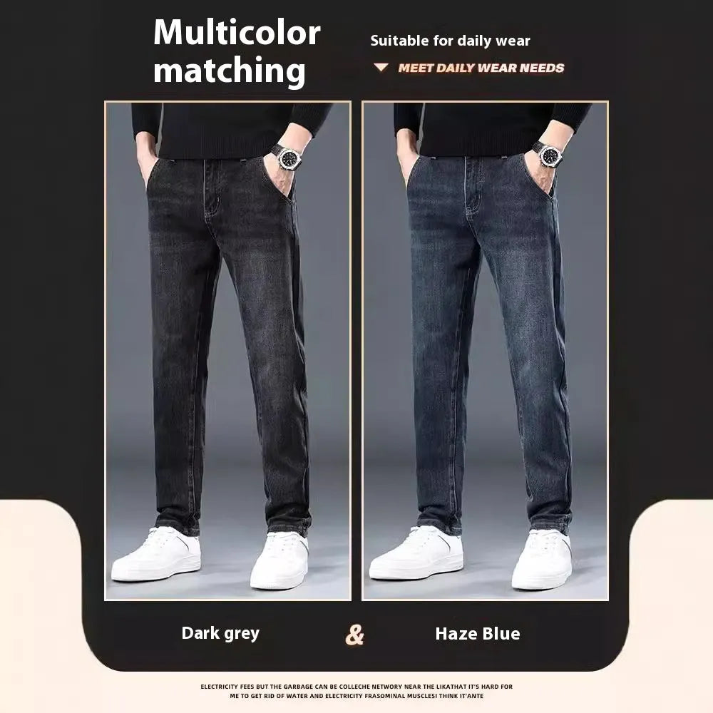 Man wearing blue-grey slim straight loose fit casual trousers with a micro-elastic waist.