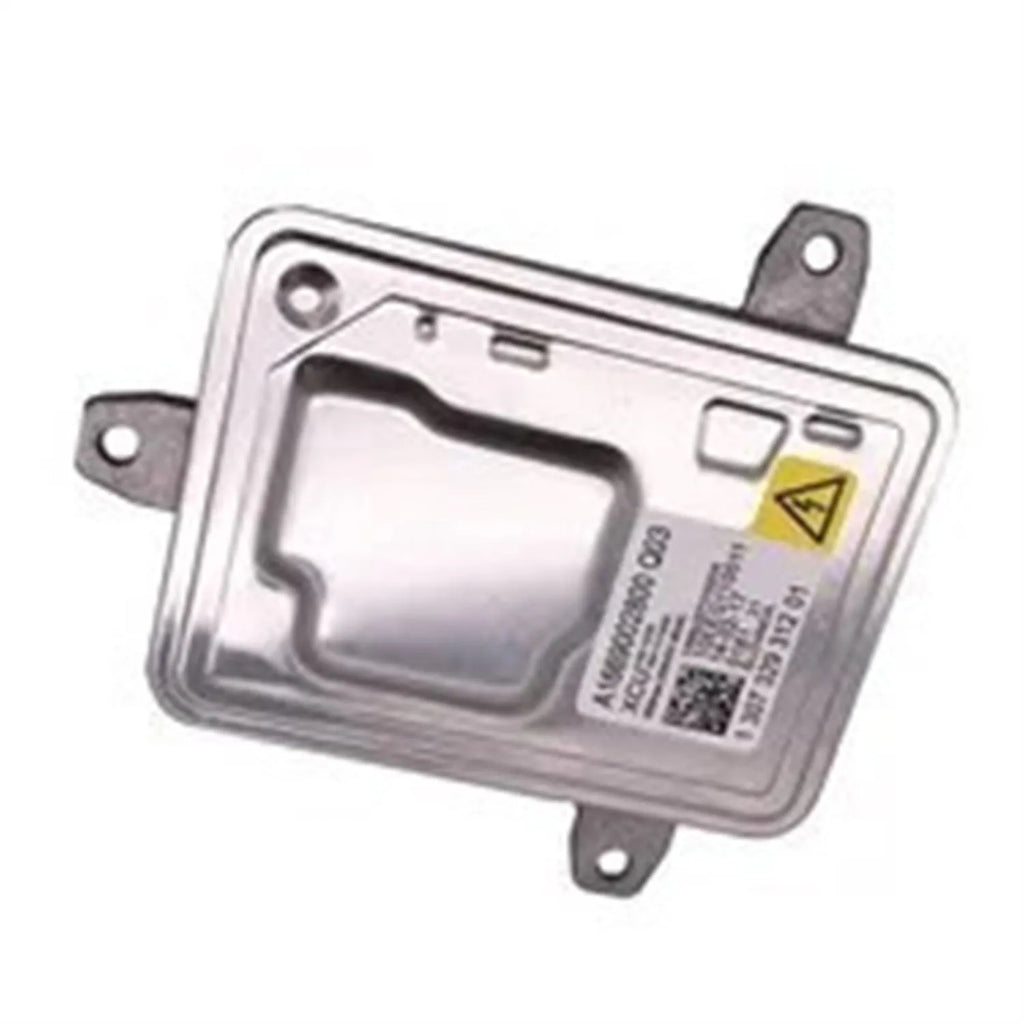 Metal automotive headlight ballast component showing its rectangular shape and electrical connectors.