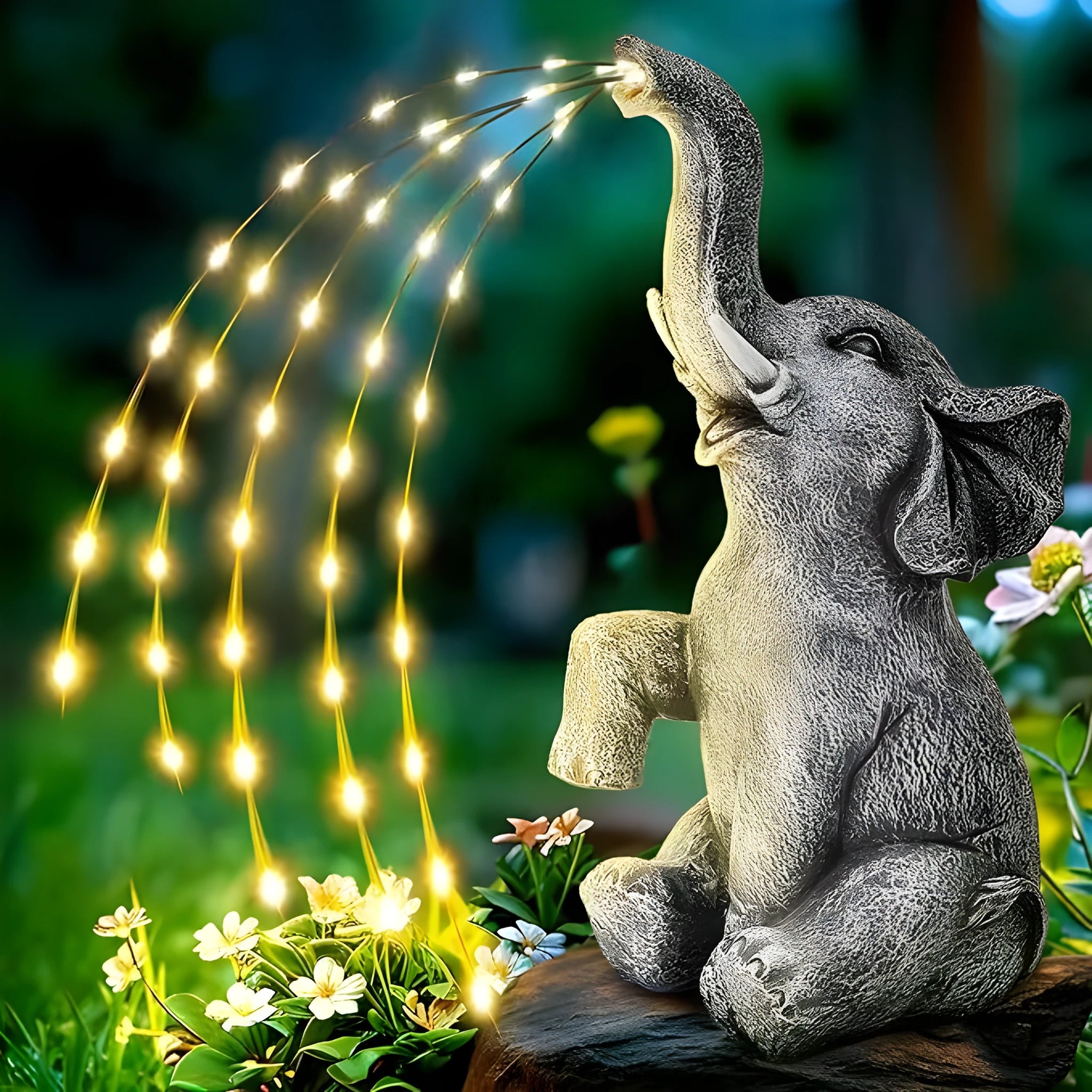 Resin elephant outdoor garden statue with integrated LED light strip.
