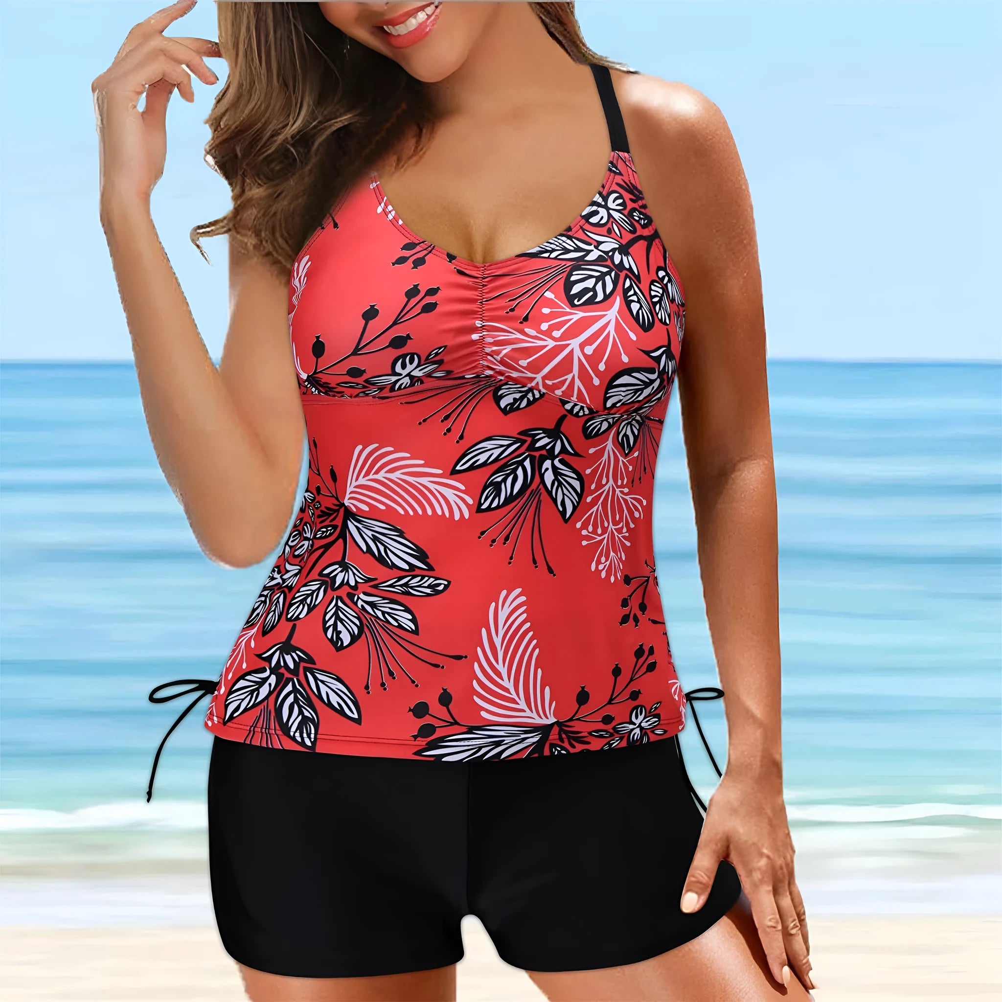 Digital print push up pleating bikini set with double shoulder straps and high waist in rose red
