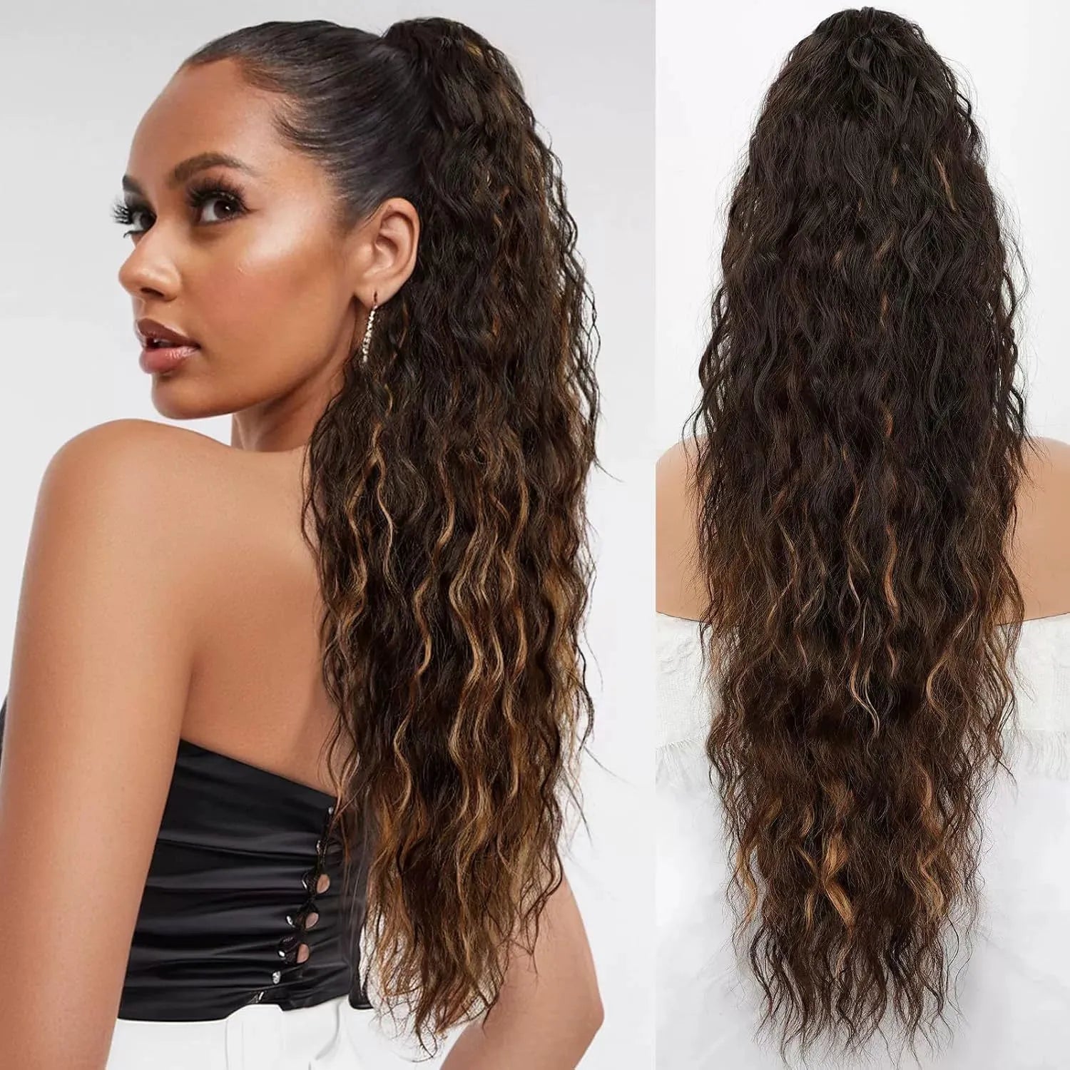 Long 30-inch curly ponytail wig in high temperature fibre for costume and cosplay.