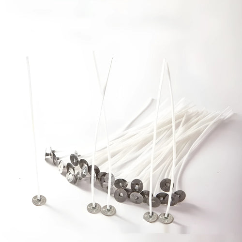 White cotton candle wicks in three lengths - 2.6cm, 6cm, and 8cm - for DIY candle making