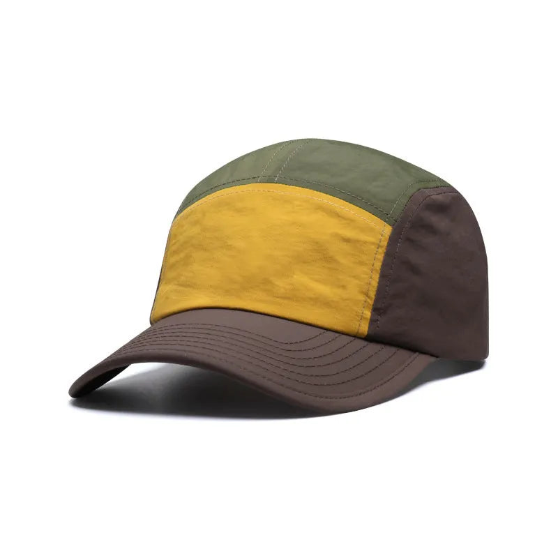 Men's khaki five-panel baseball cap with a curved brim and adjustable snap-back strap on a plain background.