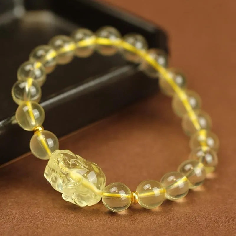 Yellow leather bracelet with artificial crystal Pi Xiu charm in Chinese simple style