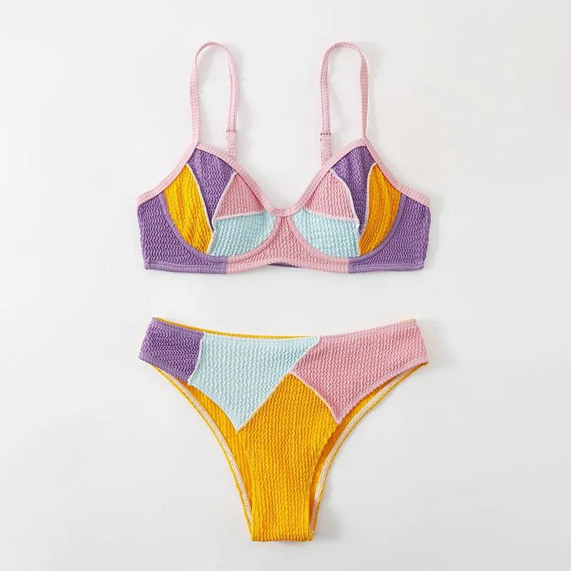 Colour block ladies push up bikini set with steel bracket support, shown with top and shorts.