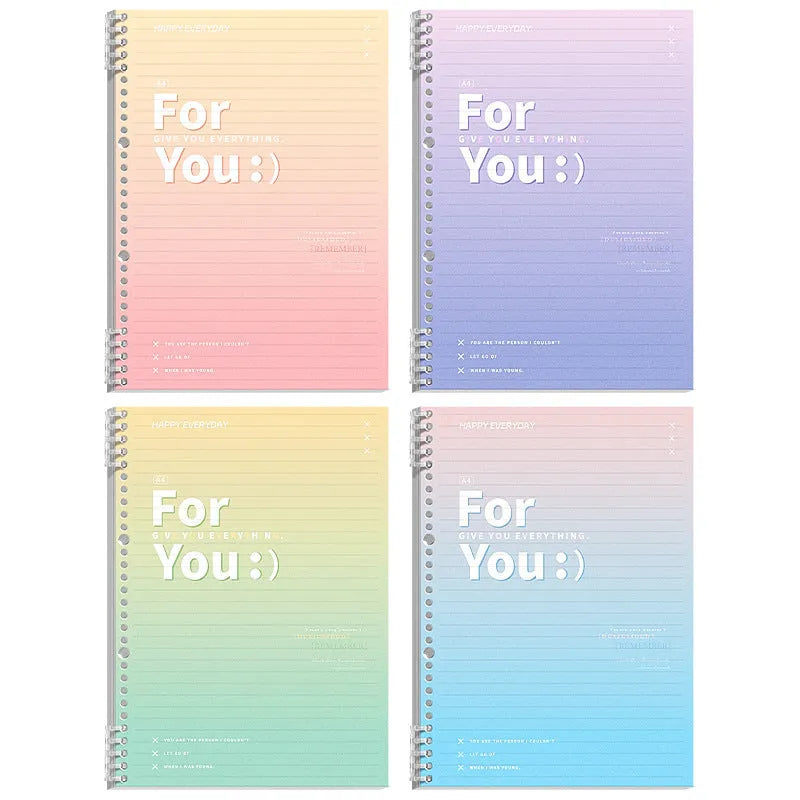 A gradient-coloured removable coil notebook in A4 size with a blue PP cover, open to show wood-free paper.