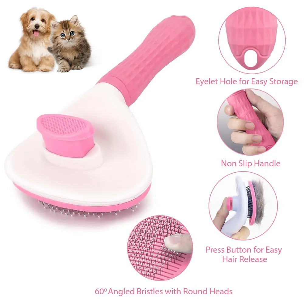 A grey cat grooming brush with a release button and fine wire bristles, shown removing loose fur.