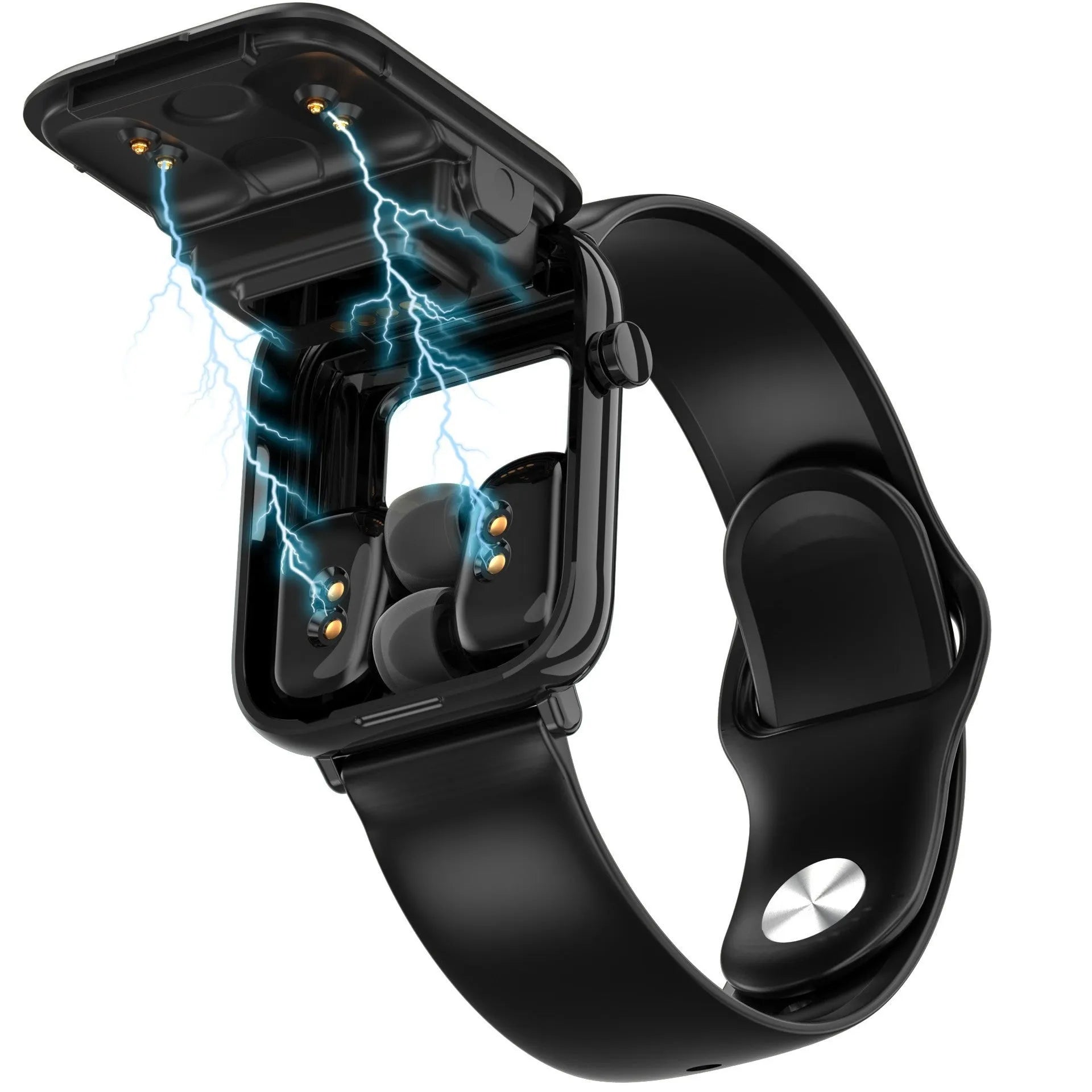 Black smartwatch with detachable wireless earbuds on a 1.69-inch touchscreen display.