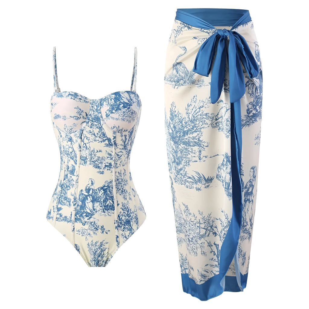 Blue women's one-piece swimsuit with matching gauze skirt set on hanger