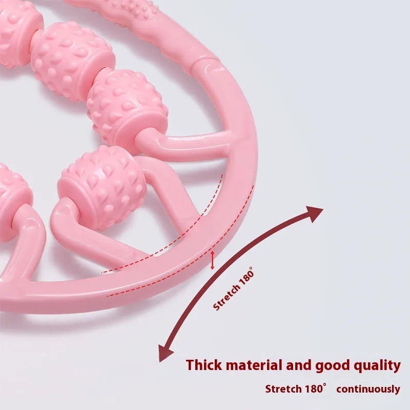 A handheld leg massage roller clip with multiple wheels, shown in a pink colour option.
