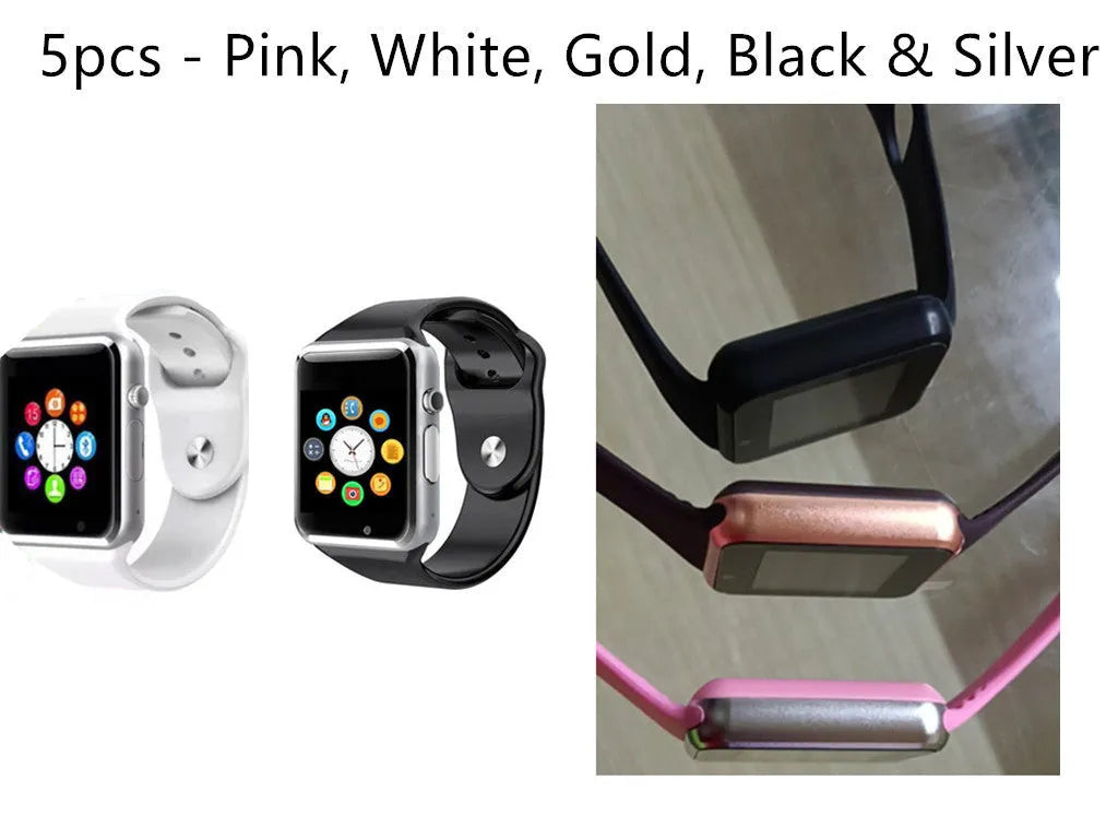 A1 Smart Watch for Android in various colours, showing screen, GSM SIM slot, and camera.