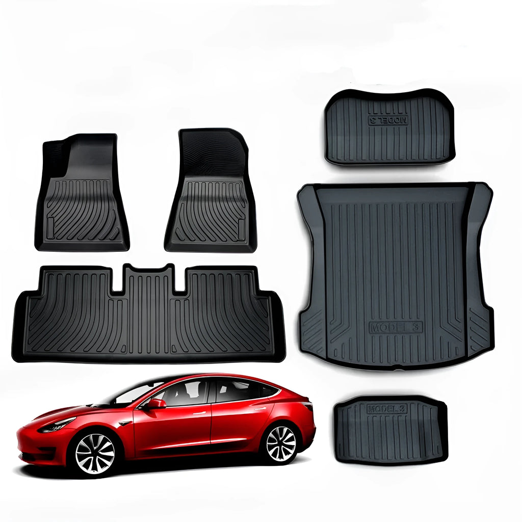 Rubber and TPE floor mats designed for Tesla Model 3, Model Y, Model X, and Model S vehicles