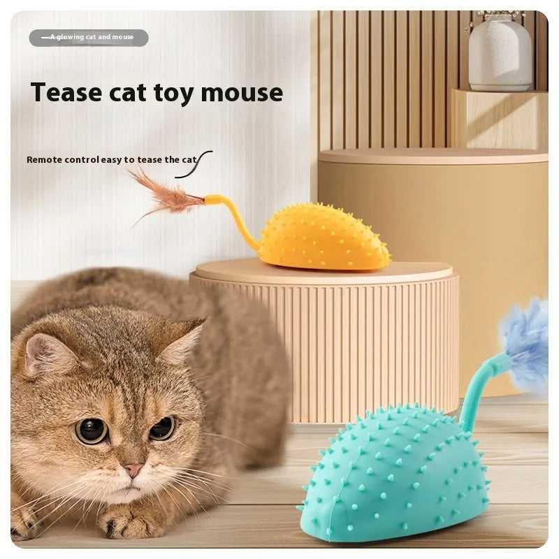 Remote control smart charging silicone mouse cat toy with feather attachment in cyan colour