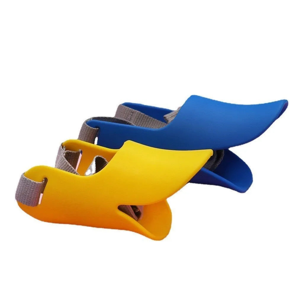 Blue TPR dog duckbill muzzle mouth cover for small to medium dogs, side view on light background