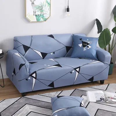 Geometric patterned stretch sofa slipcover fitted on a three-seater sofa
