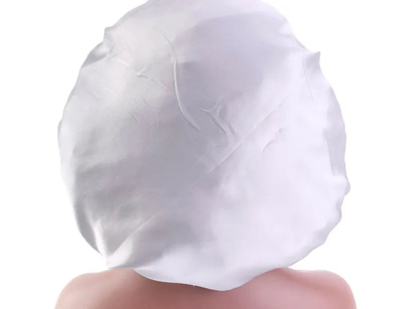 Beauty print satin silk sleep bonnet in polyester spandex, 14 styles A-N, shown in assorted colours.