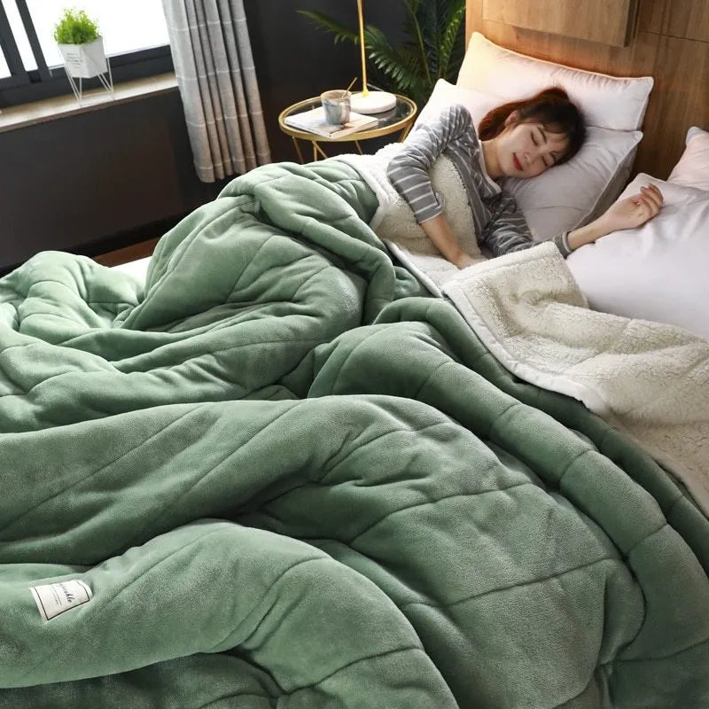 Thick coral fleece winter blanket in a solid colour, shown on a bed, dimensions 150cm by 200cm.