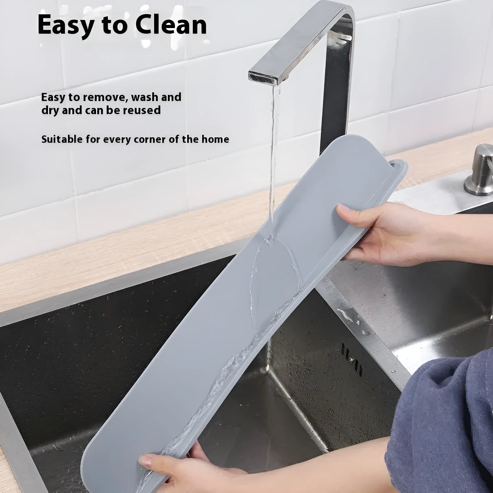 Silicone kitchen sink water blocking plate in black, blue, and grey colours showing 52x5x85mm dimensions
