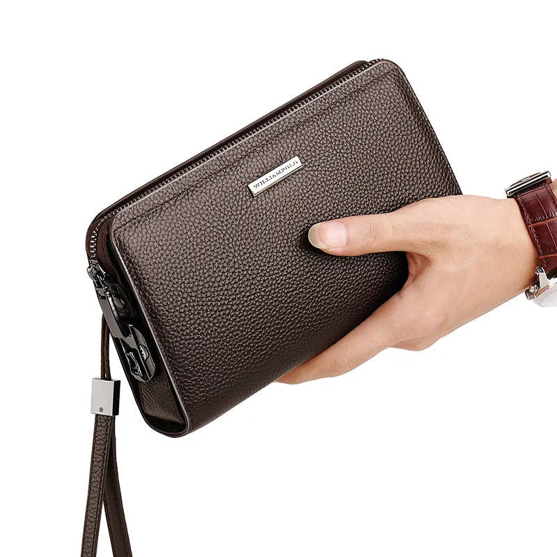 Men's black genuine leather clutch wallet open to show internal card slots, phone pocket, and zippered compartment.